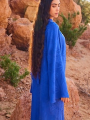Cobalt Blue Twist High Neck Long Sleeve Jacqaurd Maxi Dress - Image 3 of 6