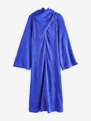 Cobalt Blue Twist High Neck Long Sleeve Jacqaurd Maxi Dress - Image 5 of 6