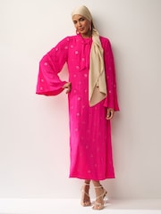 Bright Pink Long Sleeve Embellished Scarf Maxi Dress - Image 1 of 6