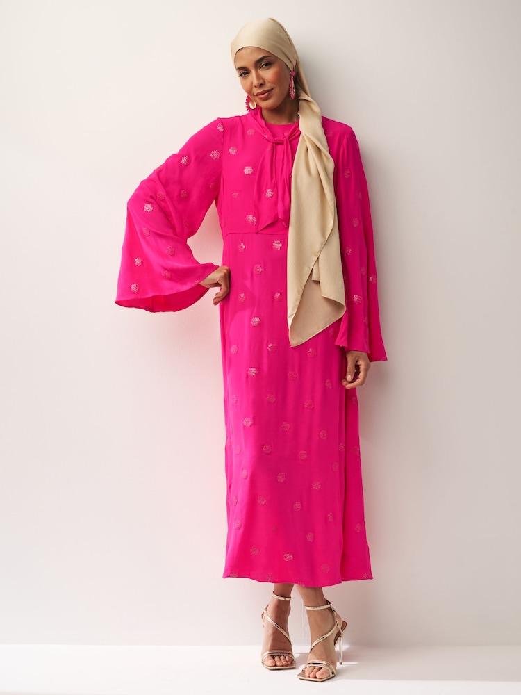 Bright Pink Long Sleeve Embellished Scarf Maxi Dress - Image 1 of 6