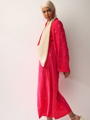 Bright Pink Long Sleeve Embellished Scarf Maxi Dress - Image 2 of 6