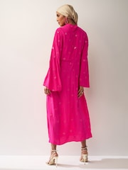 Bright Pink Long Sleeve Embellished Scarf Maxi Dress - Image 3 of 6