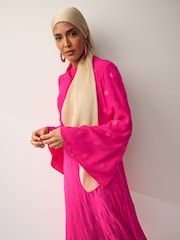 Bright Pink Long Sleeve Embellished Scarf Maxi Dress - Image 4 of 6