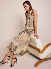 Brown Scenic Print Linen Blend V-Neck Midi Dress - Image 1 of 7