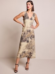 Brown Scenic Print Linen Blend V-Neck Midi Dress - Image 2 of 7