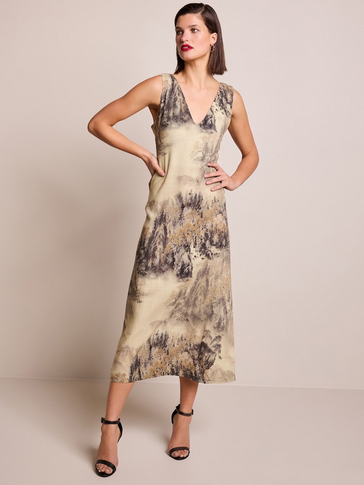 Brown Scenic Print Linen Blend V-Neck Midi Dress - Image 2 of 7