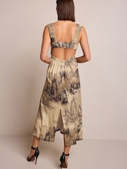 Brown Scenic Print Linen Blend V-Neck Midi Dress - Image 3 of 7