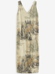 Brown Scenic Print Linen Blend V-Neck Midi Dress - Image 6 of 7