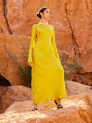 Ochre Yellow Maxi Long Sleeve Metallic Column Dress - Image 1 of 8
