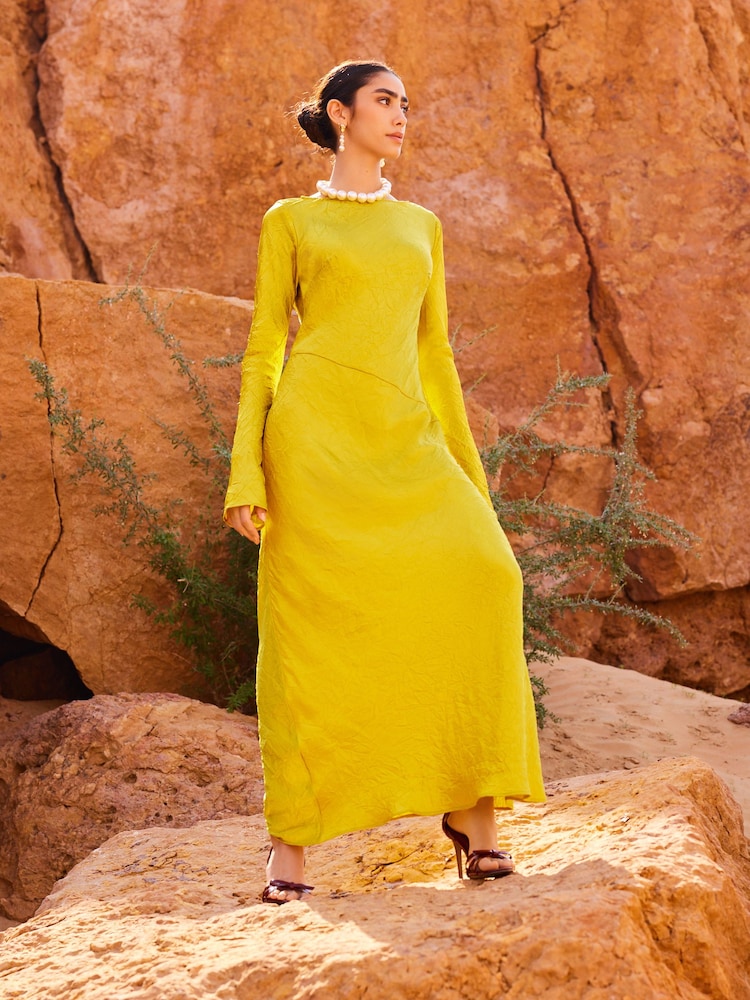 Ochre Yellow Maxi Long Sleeve Metallic Column Dress - Image 1 of 8