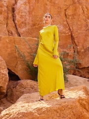 Ochre Yellow Maxi Long Sleeve Metallic Column Dress - Image 5 of 8