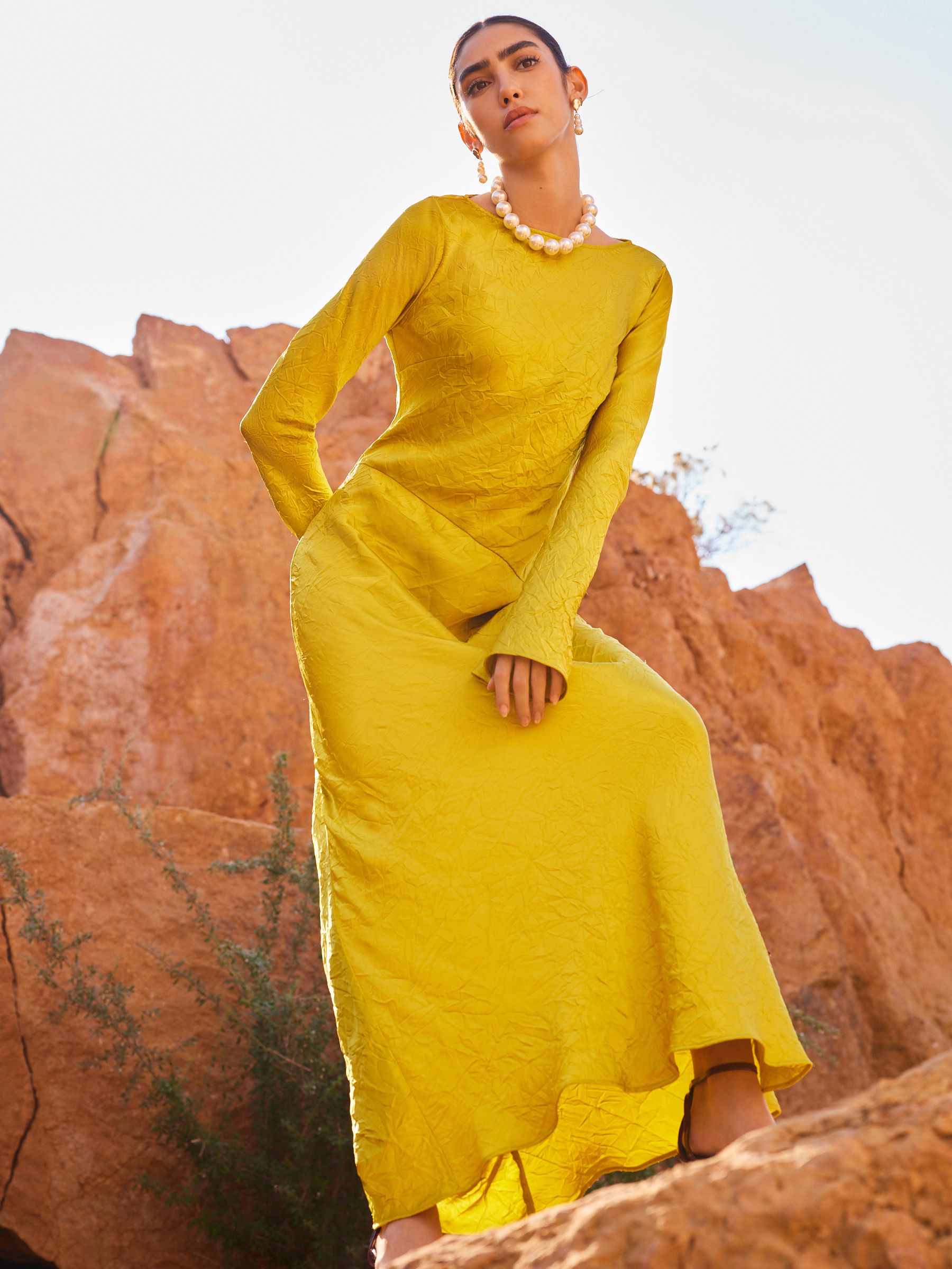 Buy Ochre Yellow Maxi Long Sleeve Metallic Column Dress from Next  Netherlands