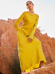Ochre Yellow Maxi Long Sleeve Metallic Column Dress - Image 6 of 8