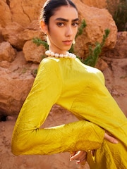 Ochre Yellow Maxi Long Sleeve Metallic Column Dress - Image 7 of 8