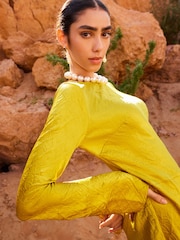 Ochre Yellow Maxi Long Sleeve Metallic Column Dress - Image 8 of 8