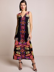 Multi Floral Print Linen Blend V-Neck Midi Dress - Image 1 of 6
