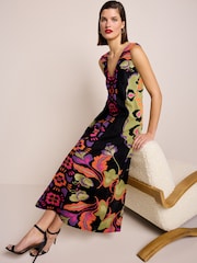 Multi Floral Print Linen Blend V-Neck Midi Dress - Image 2 of 6