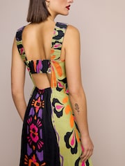 Multi Floral Print Linen Blend V-Neck Midi Dress - Image 3 of 6
