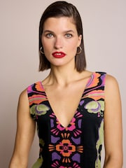 Multi Floral Print Linen Blend V-Neck Midi Dress - Image 4 of 6