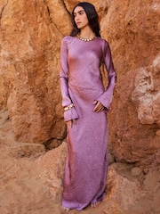 Rose Pink Maxi Long Sleeve Metallic Column Dress - Image 1 of 6