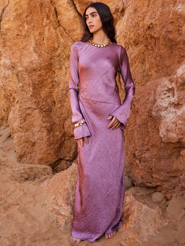 Rose Pink Maxi Long Sleeve Metallic Column Dress - Image 1 of 6