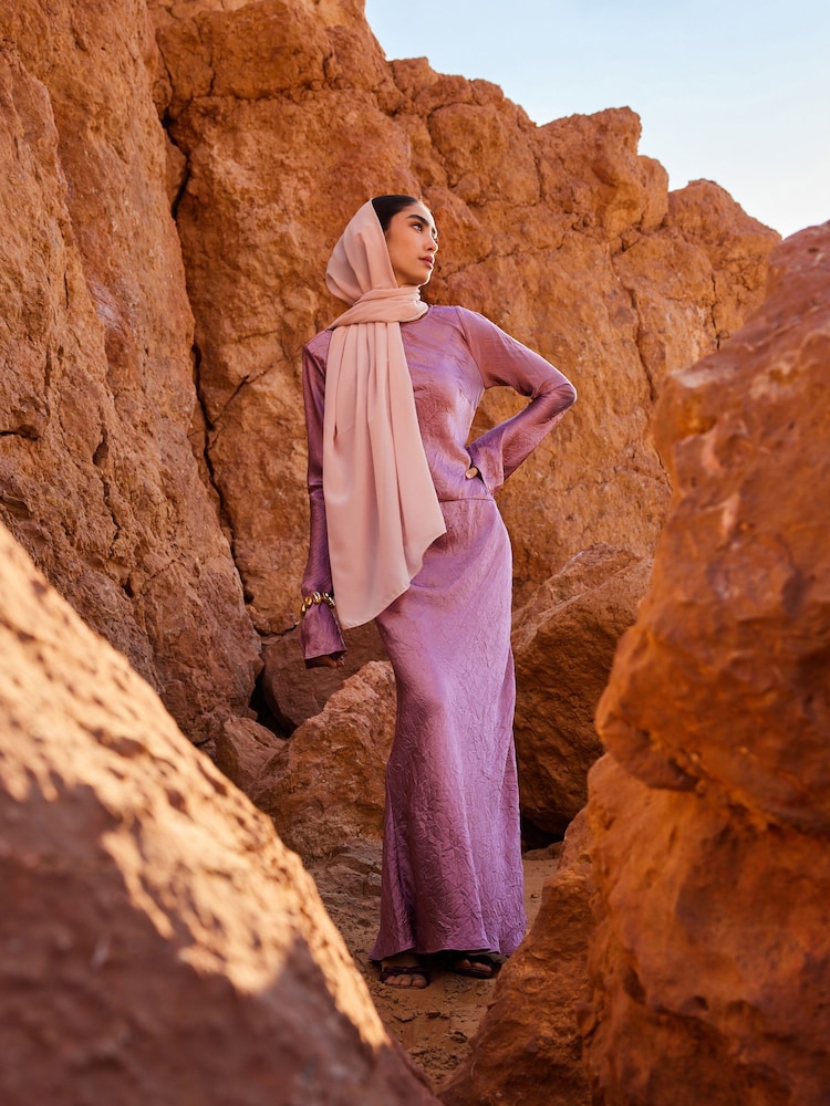 Rose Pink Maxi Long Sleeve Metallic Column Dress - Image 2 of 6