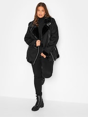Long Tall Sally Black Faux Fur Trim Aviator Jacket - Image 6 of 7