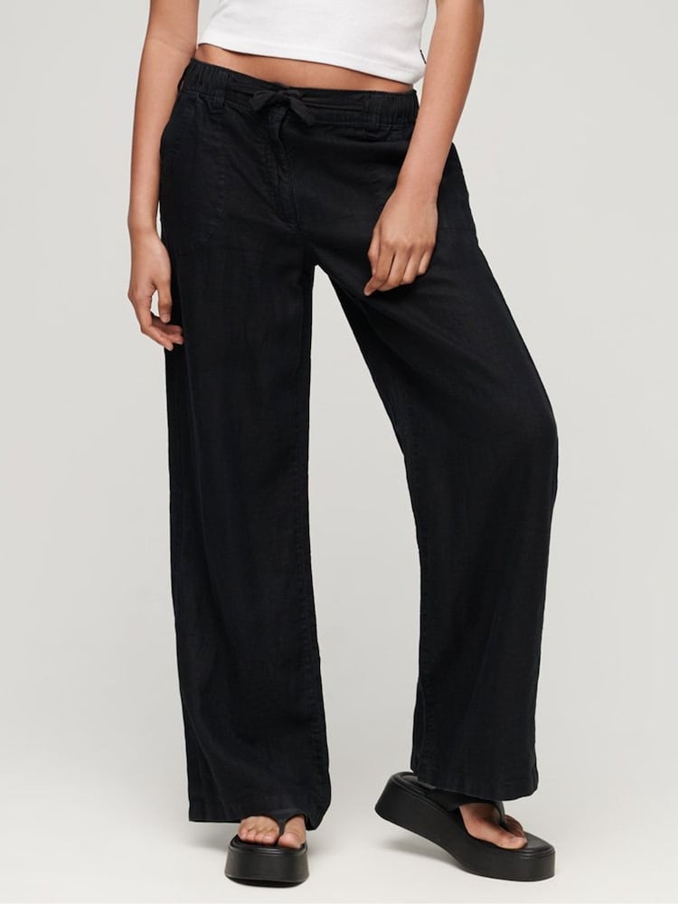 Superdry Black 100% Cotton Linen Low Rise Trousers - Image 1 of 4