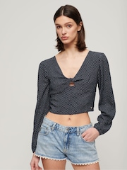 Superdry Blue Long Sleeved Crop Woven Top - Image 1 of 10
