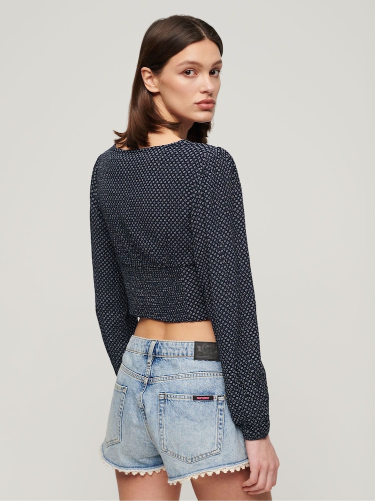 Superdry Blue Long Sleeved Crop Woven Top - Image 2 of 10 Superdry Blue Long Sleeved Crop Woven Top - Image 2 of 10