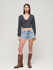 Superdry Blue Long Sleeved Crop Woven Top - Image 3 of 10