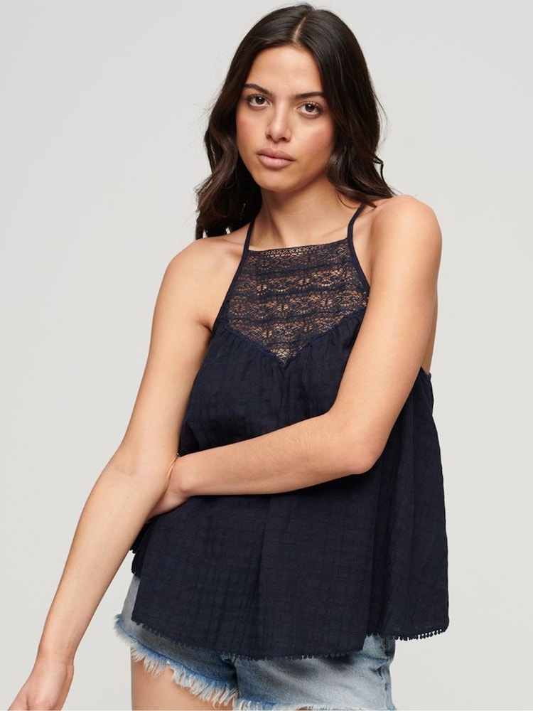 Superdry Blue 100% Cotton Lace Cami Beach Top - Image 1 of 5