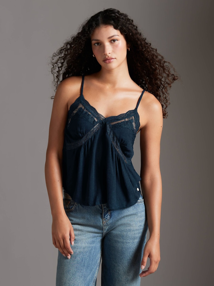 Superdry Blue Ibiza Sheer Lace 100% Cotton Cami Top - Image 1 of 5