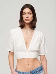 Superdry White 100% Cotton Ibiza Shorts Sleeved Lace Trim Top - Image 1 of 5