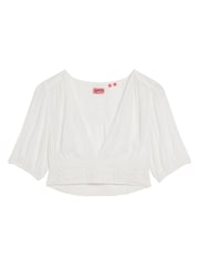 Superdry White 100% Cotton Ibiza Shorts Sleeved Lace Trim Top - Image 4 of 5