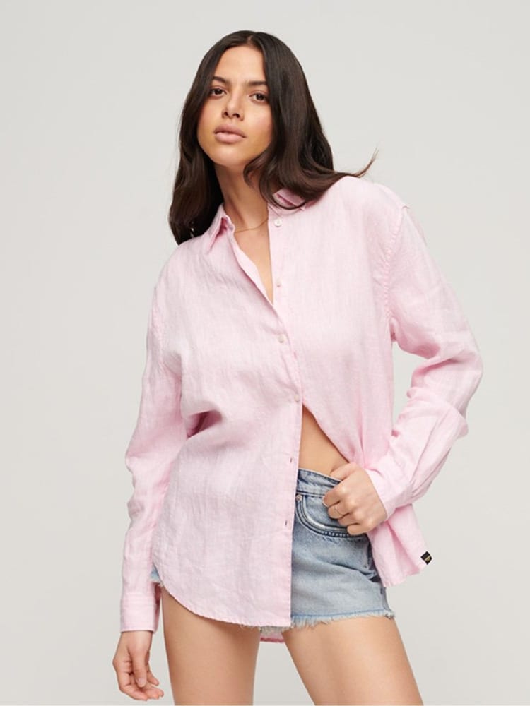 Superdry Pink Boyfriend Casual 100% Linen Shirt - Image 1 of 6
