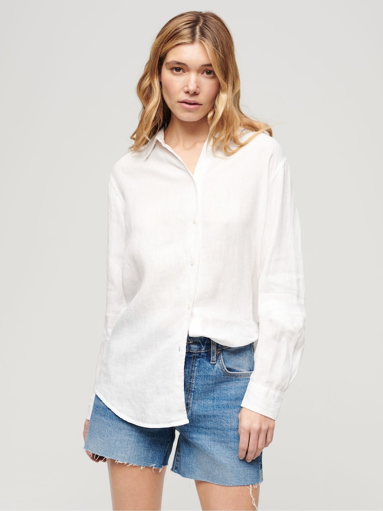 Superdry White Casual Linen Boyfriend Shirt - Image 1 of 6