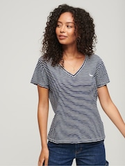 Superdry Navy Stripe Slub Embroidered V-Neck T-Shirt - Image 1 of 5