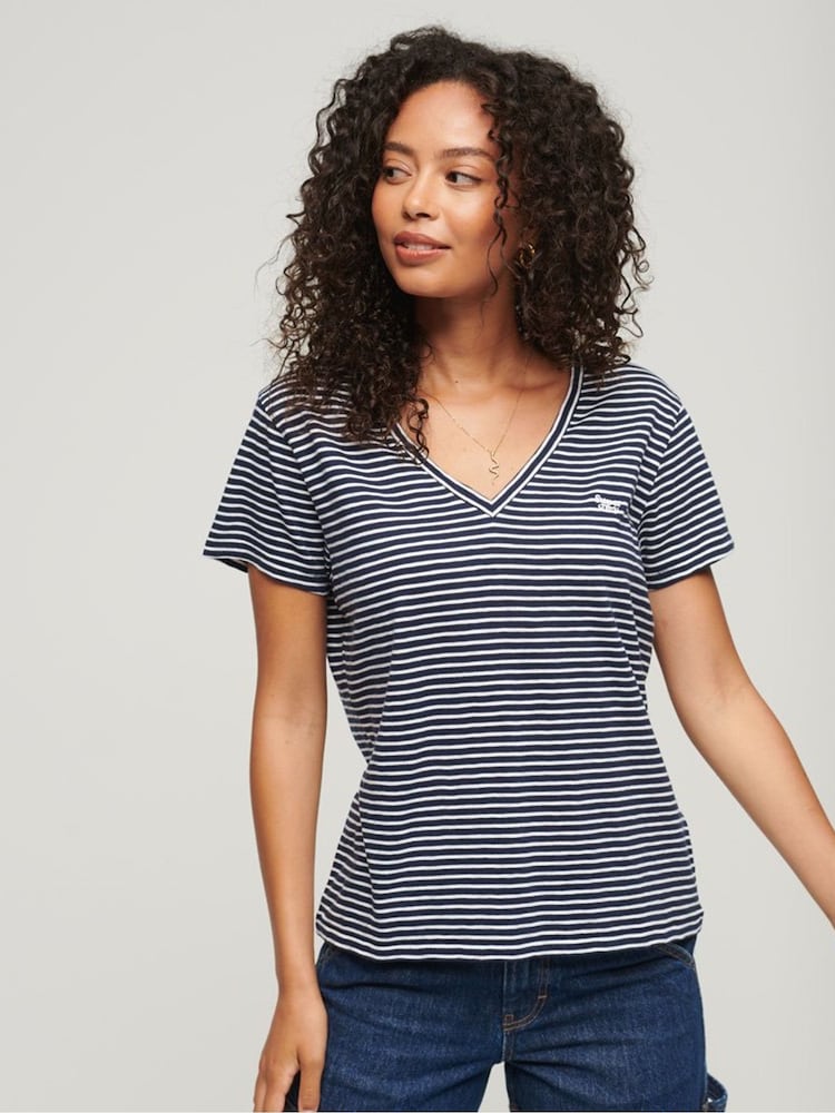 Superdry Navy Stripe Slub Embroidered V-Neck T-Shirt - Image 1 of 5