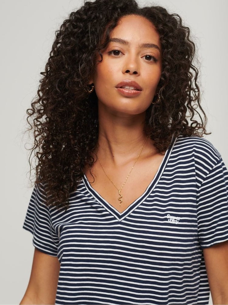 Superdry Navy Stripe Slub Embroidered V-Neck T-Shirt - Image 2 of 5
