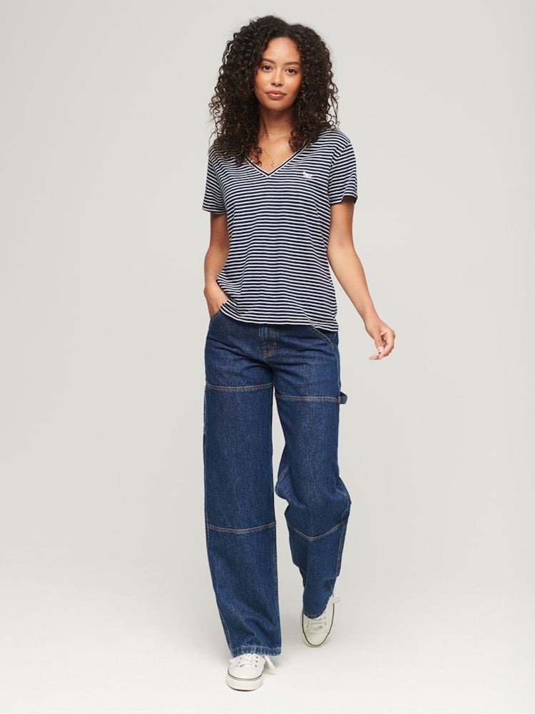 Superdry Navy Stripe Slub Embroidered V-Neck T-Shirt - Image 3 of 5