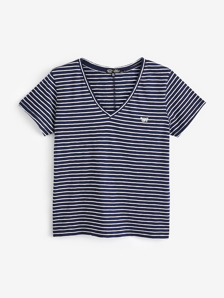 Superdry Navy Stripe Slub Embroidered V-Neck T-Shirt - Image 4 of 5