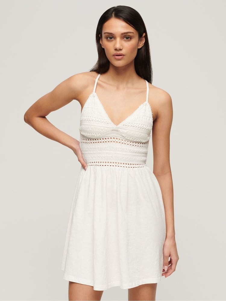 Superdry White 100% Cotton Jersey Lace Mini Dress - Image 1 of 6