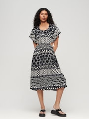Superdry Black 100% Cotton Printed Cut Out Midi Dress - Image 1 of 10