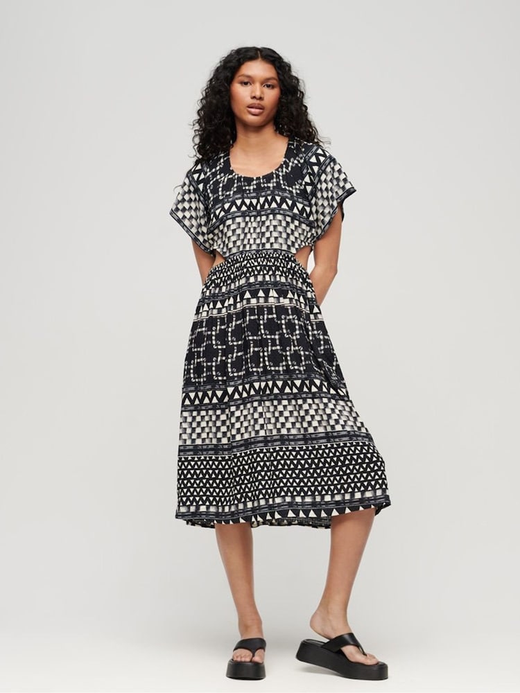Superdry Black 100% Cotton Printed Cut Out Midi Dress - Image 1 of 10