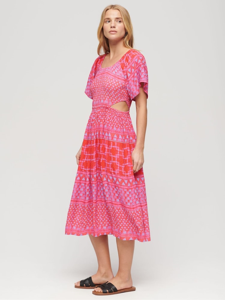 Superdry Pink Printed Cut Out Midi Dress - Image 1 of 4
