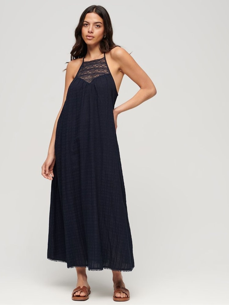 Superdry Blue Lace Halter Maxi Beach Dress - Image 1 of 5