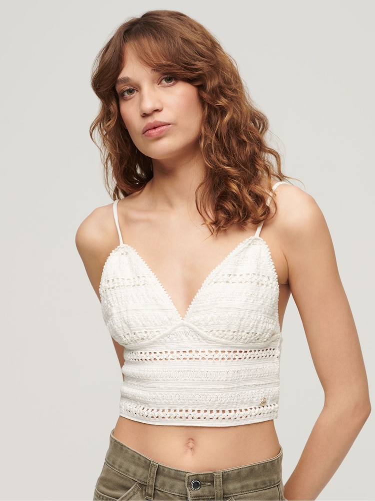 Superdry White 100% Cotton Jersey Lace Bralet Top - Image 1 of 4 Superdry White 100% Cotton Jersey Lace Bralet Top - Image 1 of 4