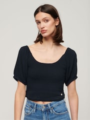 Superdry Eclipse Navy Shorts Sleeved Smocked Woven Top - Image 1 of 4