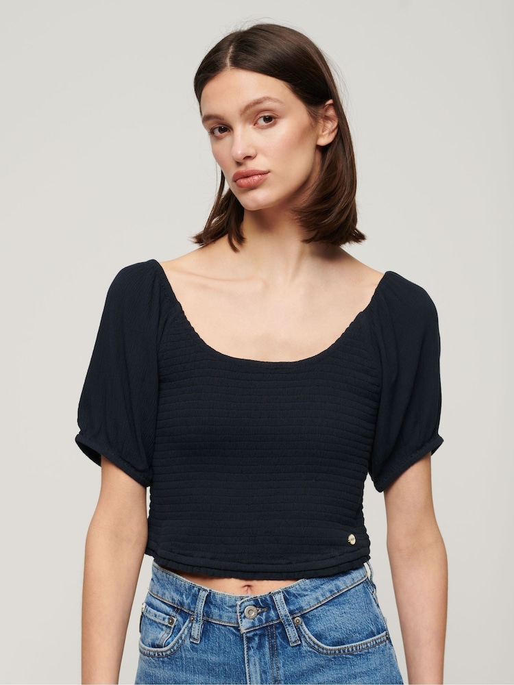 Superdry Eclipse Navy Shorts Sleeved Smocked Woven Top - Image 1 of 4